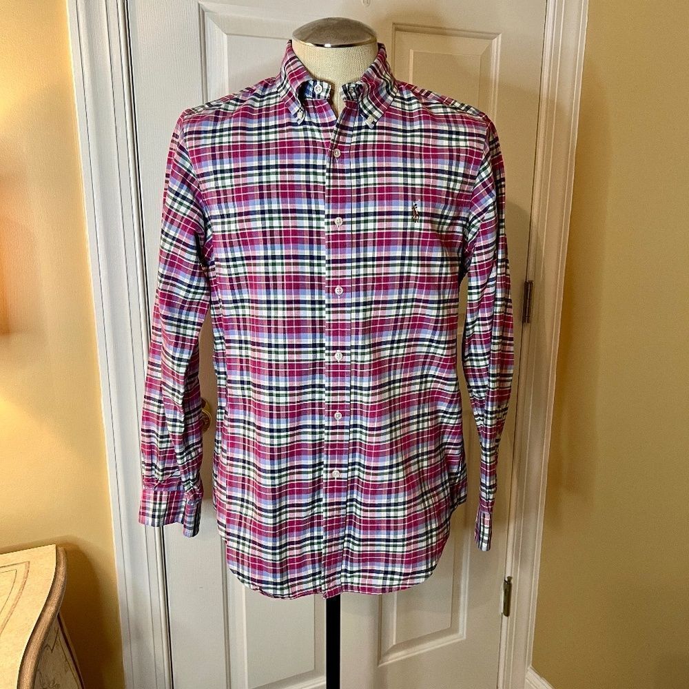 EUC Men's Ralph Lauren Pink Blue Green Plaid Button Down Oxford Shirt Sz MEDIUM